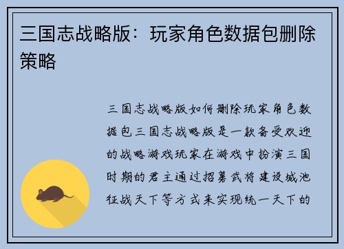三国志战略版：玩家角色数据包删除策略